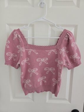 Girly Cropped Pink Bow-Print Square Neck Sweater Top, Medium, Whimsical, Twee